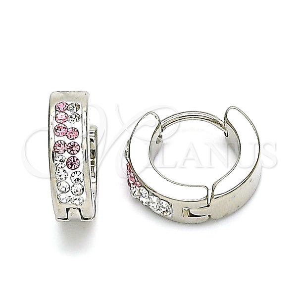 Stainless Steel Hoop Earrings — Huggie Hoop with Pink and White Crystal Polished — main product view — SKU 141365 | Acero Inoxidable aretes de aro — Huggie Hoop with Pink and cristal blanco pulido — SKU 141365