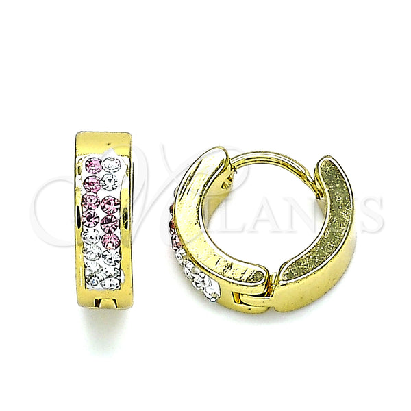 Stainless Steel Hoop Earrings — Huggie Hoop with Pink and White Crystal Polished — main product view — SKU 141367 | Acero Inoxidable aretes de aro — Huggie Hoop with Pink and cristal blanco pulido — SKU 141367