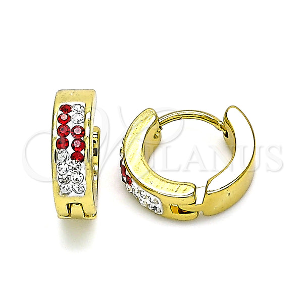 Stainless Steel Hoop Earrings — Huggie Hoop with Garnet and White Crystal Polished — main product view — SKU 141368 | Acero Inoxidable aretes de aro — Huggie Hoop with Garnet and cristal blanco pulido — SKU 141368