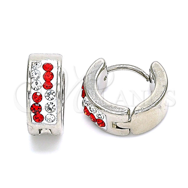 Stainless Steel Hoop Earrings — Huggie Hoop with Garnet and White Crystal Polished — main product view — SKU 141369 | Acero Inoxidable aretes de aro — Huggie Hoop with Garnet and cristal blanco pulido — SKU 141369