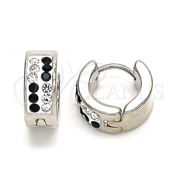 Stainless Steel Hoop Earrings — Huggie Hoop with Black and White Crystal Polished — main product view — SKU 141370 | Acero Inoxidable aretes de aro — Huggie Hoop with negro and cristal blanco pulido — SKU 141370