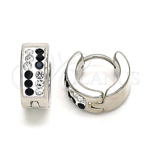 Stainless Steel Hoop Earrings — Huggie Hoop with Black and White Crystal Polished — main product view — SKU 141370 | Acero Inoxidable aretes de aro — Huggie Hoop with negro and cristal blanco pulido — SKU 141370