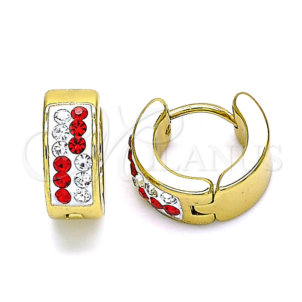 Stainless Steel Hoop Earrings — Huggie Hoop with Garnet and White Crystal Polished — main product view — SKU 141371 | Acero Inoxidable aretes de aro — Huggie Hoop with Garnet and cristal blanco pulido — SKU 141371