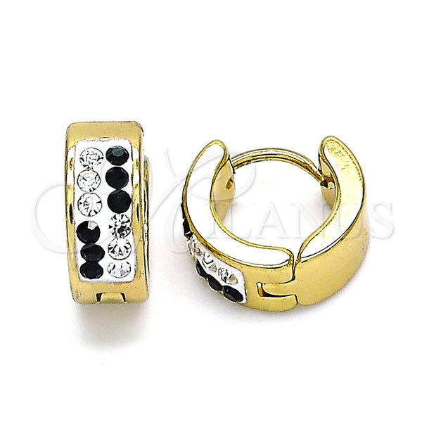 Stainless Steel Hoop Earrings — Huggie Hoop with Black and White Crystal Polished — main product view — SKU 141372 | Acero Inoxidable aretes de aro — Huggie Hoop with negro and cristal blanco pulido — SKU 141372