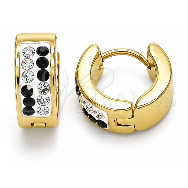 Stainless Steel Huggie Hoop, with Black and White Crystal, Polished, Golden Finish, 02.230.0074.3.12