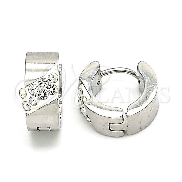 Stainless Steel Hoop Earrings — Huggie Hoop with White Crystal Polished 02. — main product view — SKU 141373 | Acero Inoxidable aretes de aro — Huggie Hoop with cristal blanco pulido 02. — SKU 141373