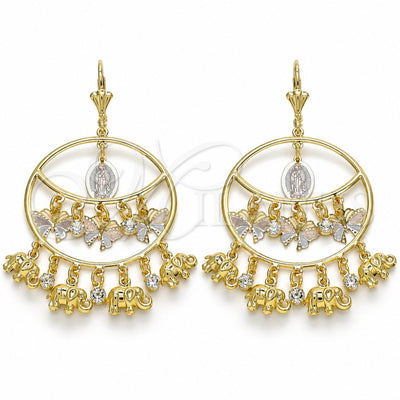 Oro Laminado Long Earring, Gold Filled Style Guadalupe and Butterfly Design, with White Crystal, Polished, Tricolor, 02.331.0032
