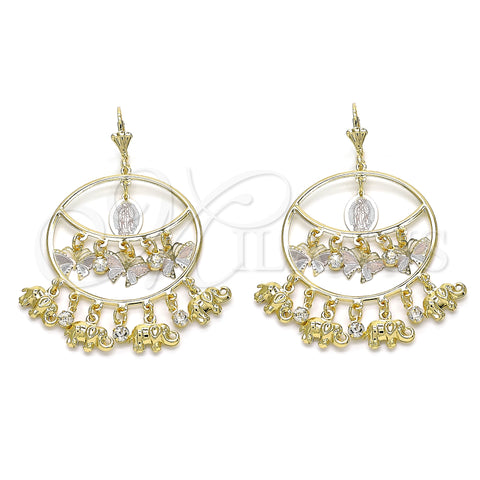 Oro Laminado Long Earring, Gold Filled Style Guadalupe and Butterfly Design, with White Crystal, Polished, Tricolor, 02.331.0032