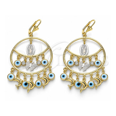 Oro Laminado Long Earring, Gold Filled Style Guadalupe and Butterfly Design, White Resin Finish, Tricolor, 02.331.0035