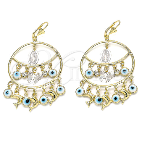 Oro Laminado Long Earring, Gold Filled Style Guadalupe and Butterfly Design, White Resin Finish, Tricolor, 02.331.0035