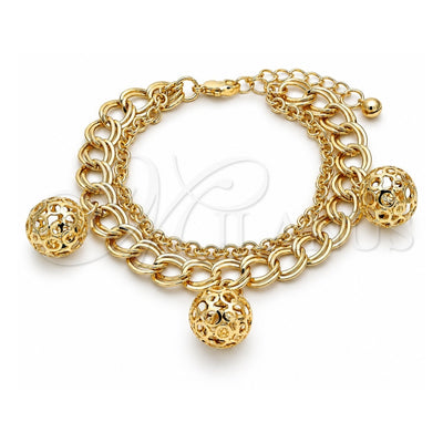 Oro Laminado Charm Bracelet, Gold Filled Style Ball and Rattle Charm Design, Polished, Golden Finish, 03.331.0130.08 (10 MM Thickness, 8 Inches Length)