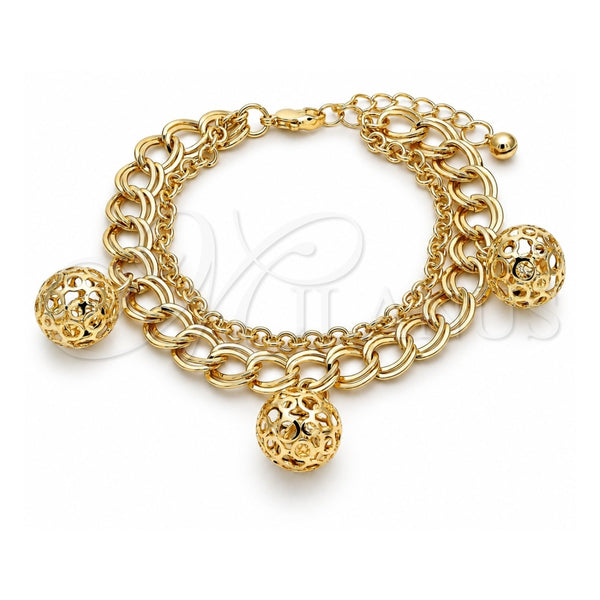 Oro Laminado Charm Bracelet, Gold Filled Style Ball and Rattle Charm Design, Polished, Golden Finish, 03.331.0130.08 (10 MM Thickness, 8 Inches Length)