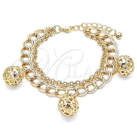 Oro Laminado Charm Bracelet, Gold Filled Style Ball and Rattle Charm Design, Polished, Golden Finish, 03.331.0130.08 (10 MM Thickness, 8 Inches Length)