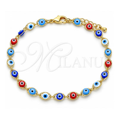 Oro Laminado Fancy Bracelet, Gold Filled Style Evil Eye Design, Multicolor Resin Finish, Golden Finish, 03.63.2212.07 (05 MM Thickness, 7 Inches Length)