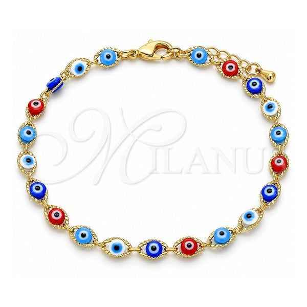 Oro Laminado Fancy Bracelet, Gold Filled Style Evil Eye Design, Multicolor Resin Finish, Golden Finish, 03.63.2212.07 (05 MM Thickness, 7 Inches Length)
