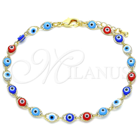 Oro Laminado Fancy Bracelet, Gold Filled Style Evil Eye Design, Multicolor Resin Finish, Golden Finish, 03.63.2212.07 (05 MM Thickness, 7 Inches Length)