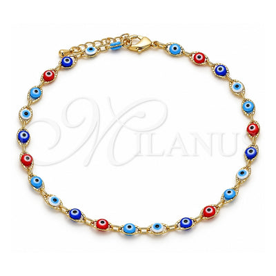 Oro Laminado Fancy Anklet, Gold Filled Style Evil Eye Design, Multicolor Resin Finish, Golden Finish, 03.63.2212.10 (05 MM Thickness, 10 Inches Length)