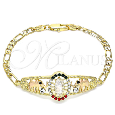Oro Laminado Fancy Bracelet, Gold Filled Style Guadalupe and Elephant Design, with Multicolor Crystal, Polished, Tricolor, 03.380.0044.08 (04 MM Thickness, 8 Inches Length)