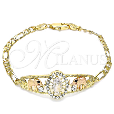 Oro Laminado Fancy Bracelet, Gold Filled Style Guadalupe and Elephant Design, with White and Black Crystal for wholesale, main product view