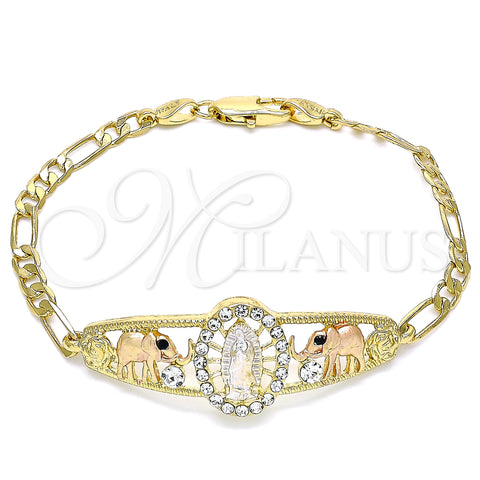 Oro Laminado Fancy Bracelet, Gold Filled Style Guadalupe and Elephant Design, with White and Black Crystal, Polished, Tricolor, 03.380.0044.1.08 (04 MM Thickness, 8 Inches Length)