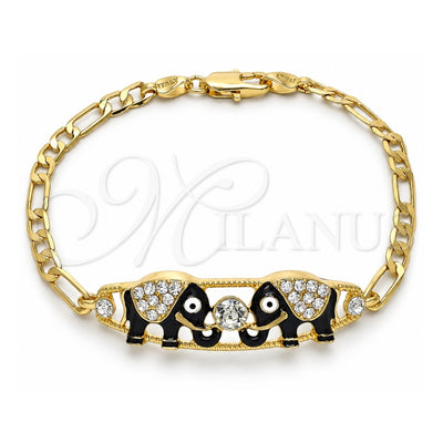 Oro Laminado Fancy Bracelet, Gold Filled Style Elephant Design, with White Crystal, Black Enamel Finish, Golden Finish, 03.380.0045.08 (05 MM Thickness, 8 Inches Length)