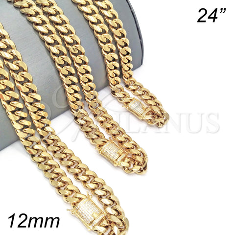 Stainless Steel Basic Necklace, Miami Cuban Design, with White Micro Pave, Polished, Golden Finish, 03.278.0005.24 (12 MM Thickness, 24 Inches Length)