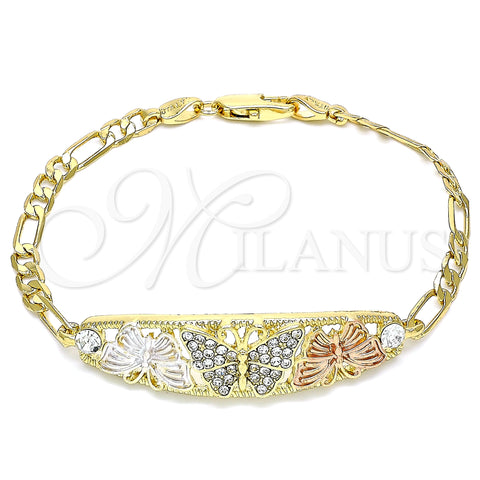 Oro Laminado Fancy Bracelet, Gold Filled Style Butterfly Design, with White Crystal, Polished, Tricolor, 03.380.0046.08 (05 MM Thickness, 8 Inches Length)
