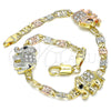 Oro Laminado Fancy Bracelet, Gold Filled Style Elephant Design, with White and Black Crystal, Polished, Tricolor, 03.380.0047.08 (04 MM Thickness, 8 Inches Length)