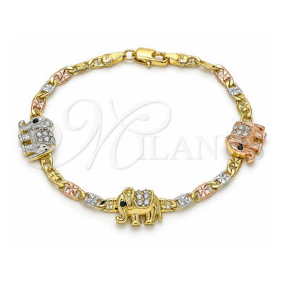 Oro Laminado Fancy Bracelet, Gold Filled Style Elephant Design, with White and Black Crystal, Polished, Tricolor, 03.380.0047.08 (04 MM Thickness, 8 Inches Length)