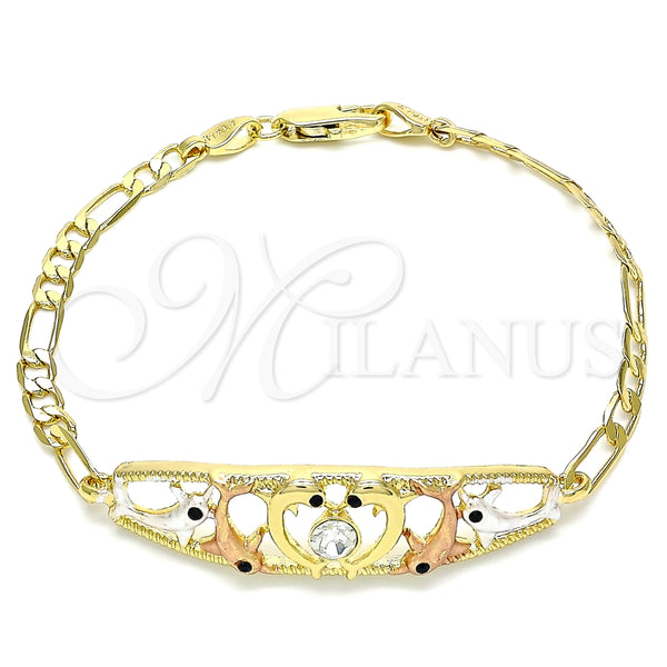 Oro Laminado Fancy Bracelet, Gold Filled Style Dolphin Design, with White and Black Crystal, Polished, Tricolor, 03.380.0048.08 (04 MM Thickness, 8 Inches Length)