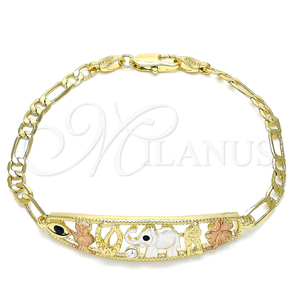 Oro Laminado Fancy Bracelet, Gold Filled Style Elephant and Owl Design, with White and Black Crystal, Polished, Tricolor, 03.380.0049.08 (05 MM Thickness, 8 Inches Length)