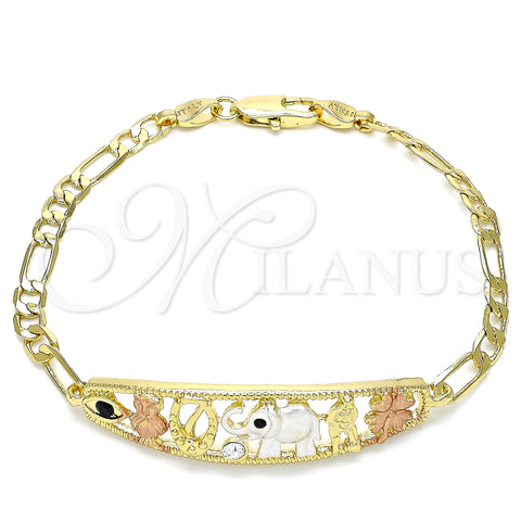 Oro Laminado Fancy Bracelet, Gold Filled Style Elephant and Owl Design, with White and Black Crystal, Polished, Tricolor, 03.380.0049.08 (05 MM Thickness, 8 Inches Length)
