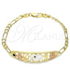 Oro Laminado Fancy Bracelet, Gold Filled Style Elephant and Owl Design, with White and Black Crystal, Polished, Tricolor, 03.380.0049.08 (05 MM Thickness, 8 Inches Length)