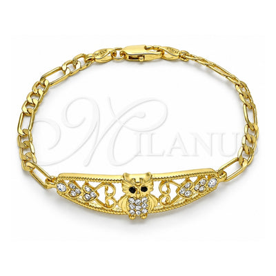 Oro Laminado Fancy Bracelet, Gold Filled Style Owl and Heart Design, with White and Black Crystal, Polished, Golden Finish, 03.380.0050.08 (05 MM Thickness, 8 Inches Length)