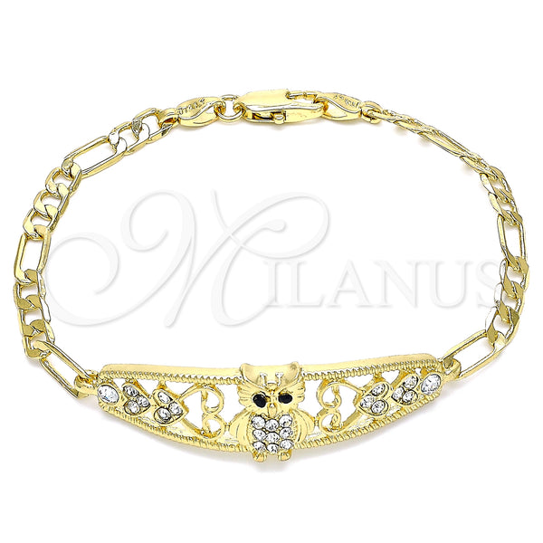 Oro Laminado Fancy Bracelet, Gold Filled Style Owl and Heart Design, with White and Black Crystal, Polished, Golden Finish, 03.380.0050.08 (05 MM Thickness, 8 Inches Length)