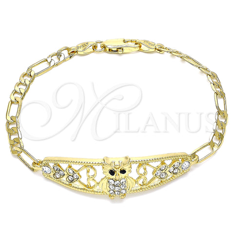 Oro Laminado Fancy Bracelet, Gold Filled Style Owl and Heart Design, with White and Black Crystal, Polished, Golden Finish, 03.380.0050.08 (05 MM Thickness, 8 Inches Length)