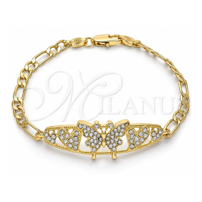 Oro Laminado Fancy Bracelet, Gold Filled Style Butterfly and Heart Design, with White Crystal, Polished, Golden Finish, 03.380.0052.08 (05 MM Thickness, 8 Inches Length)