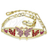 Oro Laminado Fancy Bracelet, Gold Filled Style Butterfly and Heart Design, with Pink and Garnet Crystal, Polished, Golden Finish, 03.380.0052.1.08 (05 MM Thickness, 8 Inches Length)