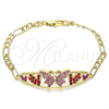 Oro Laminado Fancy Bracelet, Gold Filled Style Butterfly and Heart Design, with Pink and Garnet Crystal, Polished, Golden Finish, 03.380.0052.1.08 (05 MM Thickness, 8 Inches Length)
