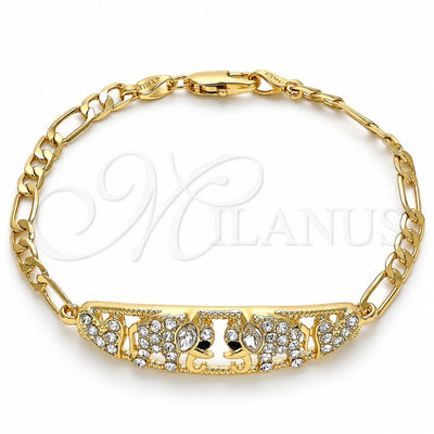 Oro Laminado Fancy Bracelet, Gold Filled Style Elephant and Heart Design, with White and Black Crystal, Polished, Golden Finish, 03.380.0053.08 (05 MM Thickness, 8 Inches Length)