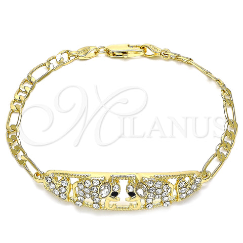 Oro Laminado Fancy Bracelet, Gold Filled Style Elephant and Heart Design, with White and Black Crystal, Polished, Golden Finish, 03.380.0053.08 (05 MM Thickness, 8 Inches Length)