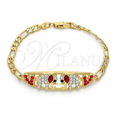 Oro Laminado Fancy Bracelet, Gold Filled Style Elephant and Heart Design, with Garnet and White Crystal, Polished, Golden Finish, 03.380.0053.1.08 (05 MM Thickness, 8 Inches Length)