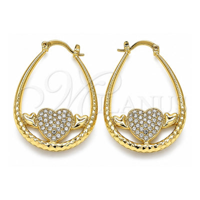 Oro Laminado Medium Hoop, Gold Filled Style Heart Design, with White Crystal, Diamond Cutting Finish, Golden Finish, 02.380.0058.30