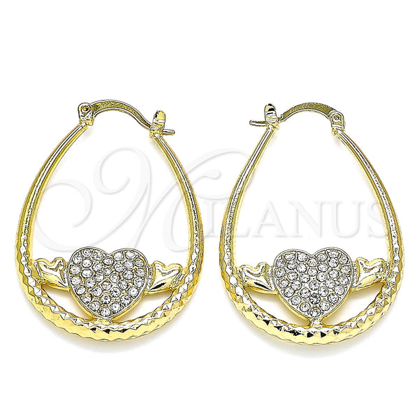 Gold Filled Hoop Earrings — Medium Hoop Heart Design with White Crystal Diamond — main product view — SKU 141435 | Oro Laminado aretes de aro — Medium Hoop corazón diseño with cristal blanco Diamond — SKU 141435