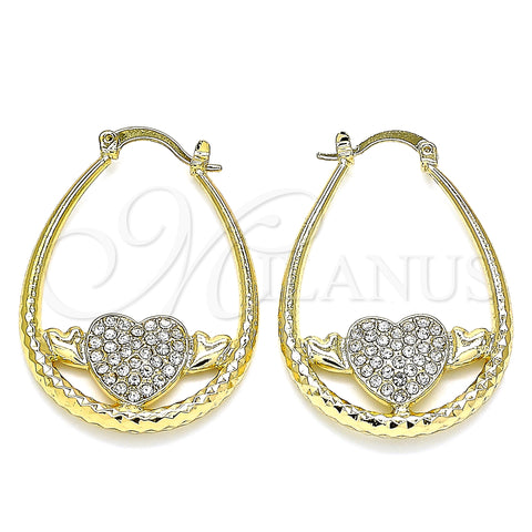 Oro Laminado Medium Hoop, Gold Filled Style Heart Design, with White Crystal, Diamond Cutting Finish, Golden Finish, 02.380.0058.30