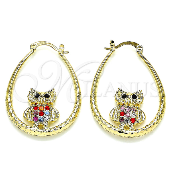 Gold Filled Hoop Earrings — Medium Hoop Owl Design with Multicolor Crystal Diamond — main product view — SKU 141436 | Oro Laminado aretes de aro — Medium Hoop Owl diseño with Multicolor cristal Diamond — SKU 141436