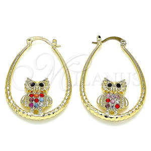 Gold Filled Hoop Earrings — Medium Hoop Owl Design with Multicolor Crystal Diamond — main product view — SKU 141436 | Oro Laminado aretes de aro — Medium Hoop Owl diseño with Multicolor cristal Diamond — SKU 141436