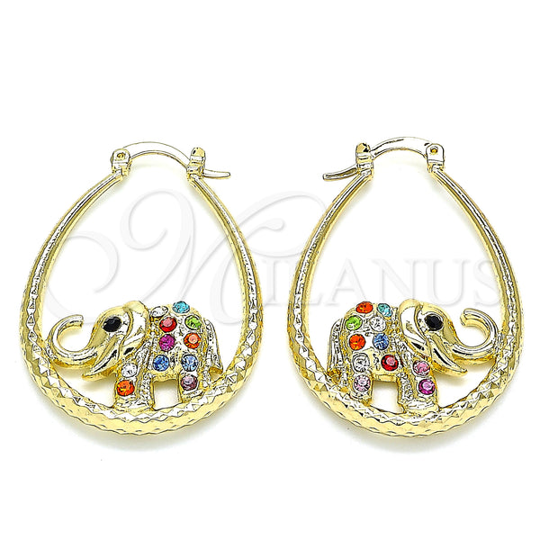 Gold Filled Hoop Earrings — Medium Hoop Elephant Design with Multicolor Crystal Diamond — main product view — SKU 141438 | Oro Laminado aretes de aro — Medium Hoop Elephant diseño with Multicolor cristal Diamond — SKU 141438