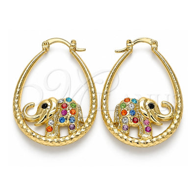 Oro Laminado Medium Hoop, Gold Filled Style Elephant Design, with Multicolor Crystal, Diamond Cutting Finish, Golden Finish, 02.380.0060.1.30