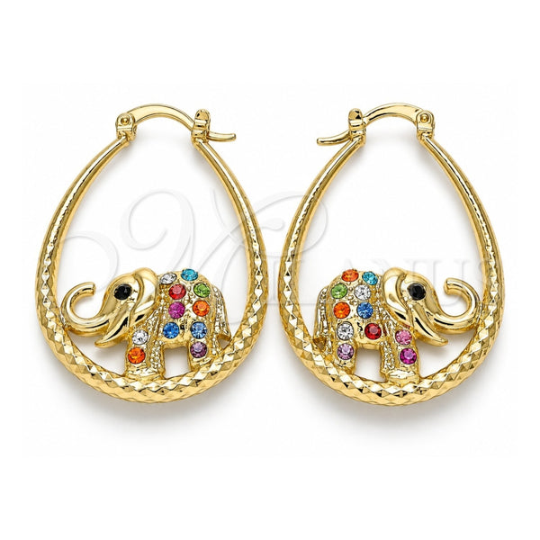 Oro Laminado Medium Hoop, Gold Filled Style Elephant Design, with Multicolor Crystal, Diamond Cutting Finish, Golden Finish, 02.380.0060.1.30